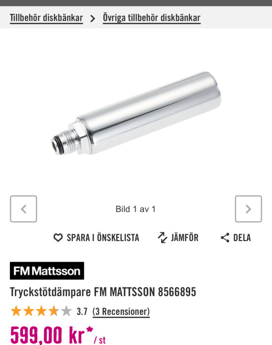 FM Mattsson 8566895 tryckstötsdämpare i metall för köksinstallationer, rekommenderad för att minska tryckstötar från diskmaskin och köksblandare.