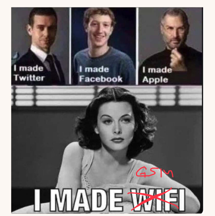 Meme med fyra personer där tre tillskrivs skapandet av stora teknikföretag. Den fjärde kvinnan tillskrivs felaktigt skapandet av WiFi, rättat till GSM.