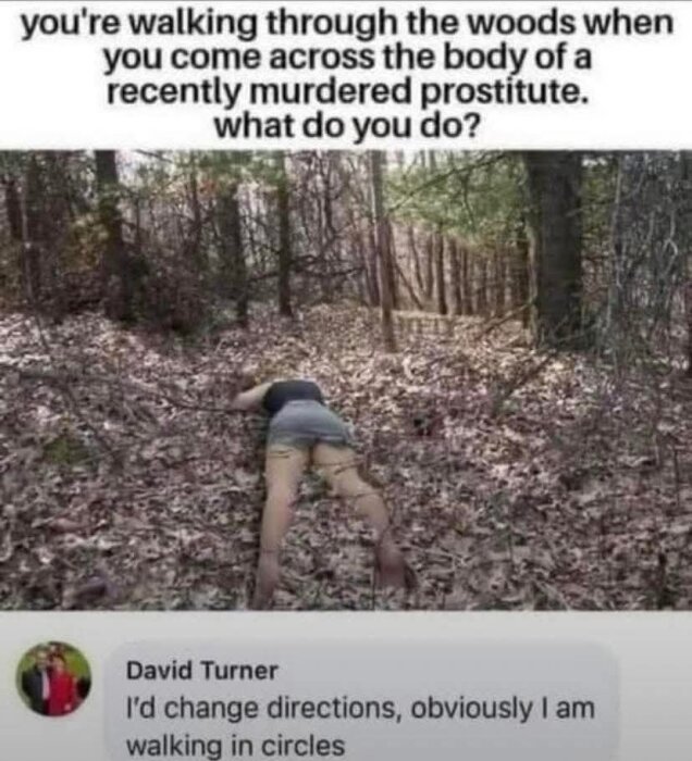 En person ligger med ansiktet nedåt på marken i en skog. En kommentar syns nedanför där någon skämtsamt säger att byta riktning.