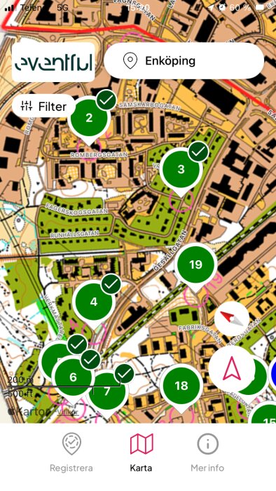 Karta över Enköping med markerade punkter och gröna cirklar med nummer. Stadsgator och områden synliga. Eventful-logo och navigeringsikoner finns.