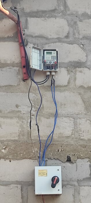 Elcentral monterad på väggen med exponerade kablar och brytare.