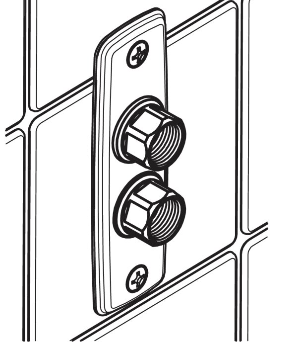 Illustration av en kopplingsbricka med två skruvar, monterad på en kakelvägg, för anslutning av rör i ett badrum.