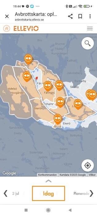 Avbrottskarta från Ellevio visar strömavbrott i kommuner kring Ekerö enligt datum idag.