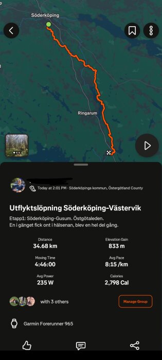 Digital karta över en löprutt från Söderköping till Gusum på Östgötaleden, med distans, tid, hastighet och kaloriförbrukning markerade.