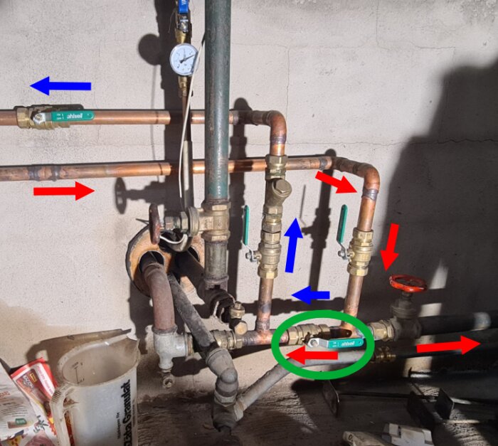Kopparrörsystem med ventiler och rörkopplingar i en källare. Vissa rör har röda och blå pilar, skuggor och oordning syns i bilden.