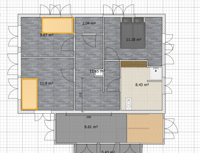 Planritning av våning 2 med tre sovrum på 9,07 m², 11,18 m² och 11,9 m², samt ett badrum på 8,43 m².