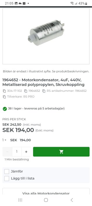 Motorkondensator 4uF, 440V, metalliserad polypropylen från RS PRO, pris SEK 194,00 exkl. moms, med skruvkoppling.