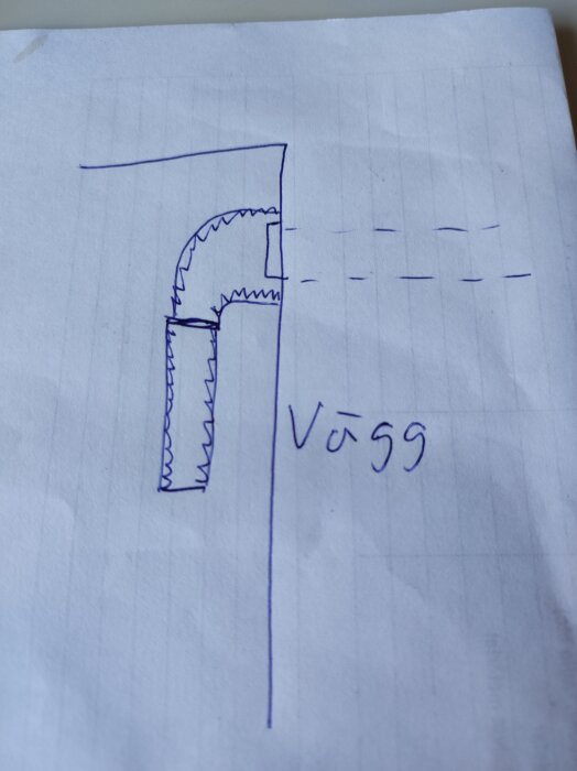 Ritning av ett rör med en böj som går igenom en vägg, markerat med texten "Vägg".