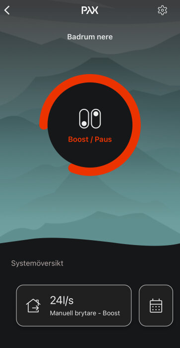 Pax Calima fläktinställning visar boostläge med flödeshastighet 24 l/s och manuell brytare aktiverad för badrummet nere.