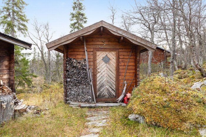 Hyvlad timrad stuga med blå dörr från 70-talet, omgiven av natur, med vedstapel och redskap vid sidan, fotograferad i västra Härjedalen.