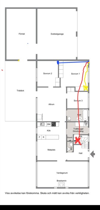 Planritning av hus med blå, röd och gul linje markerade. Linjerna representerar kommunikationsdragningar mellan olika rum.