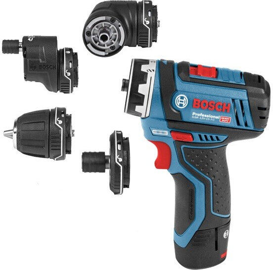 Borrskruvdragare Bosch Professional GSR 12V-15 med olika utbytbara huvuden, visas i olika vinklar.