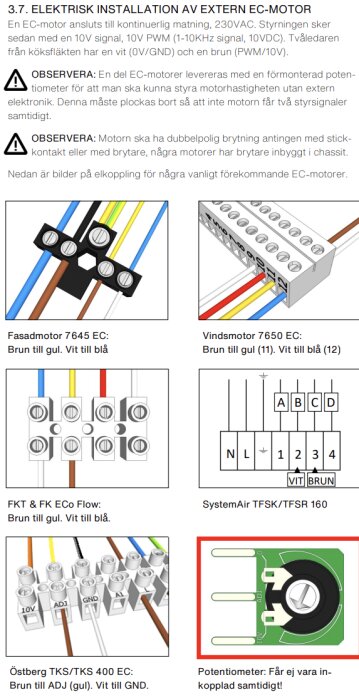 Illustration av elektrisk installation för EC-motor, med kopplingsschema för fasad- och vindsmotorer, FKT & FK ECo Flow och SystemAir TFSK/TFSR 160.