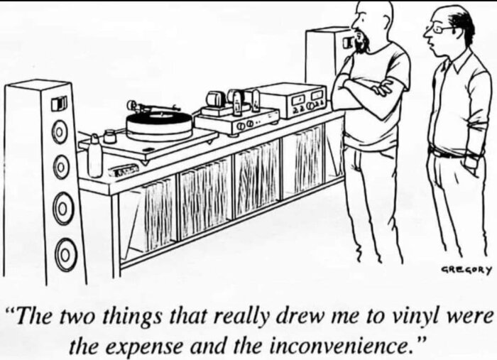Två män står framför en stereoanläggning med skivspelare och vinylskivor, dialogen handlar om kostnaden och besväret med vinyl.