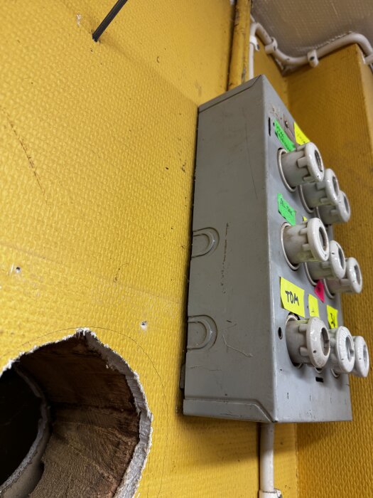 El-central/proppskåp med flera proppar och färgade etiketter monterad på en gul vägg i en verkstad, med synlig ledning och yta utan täckning.