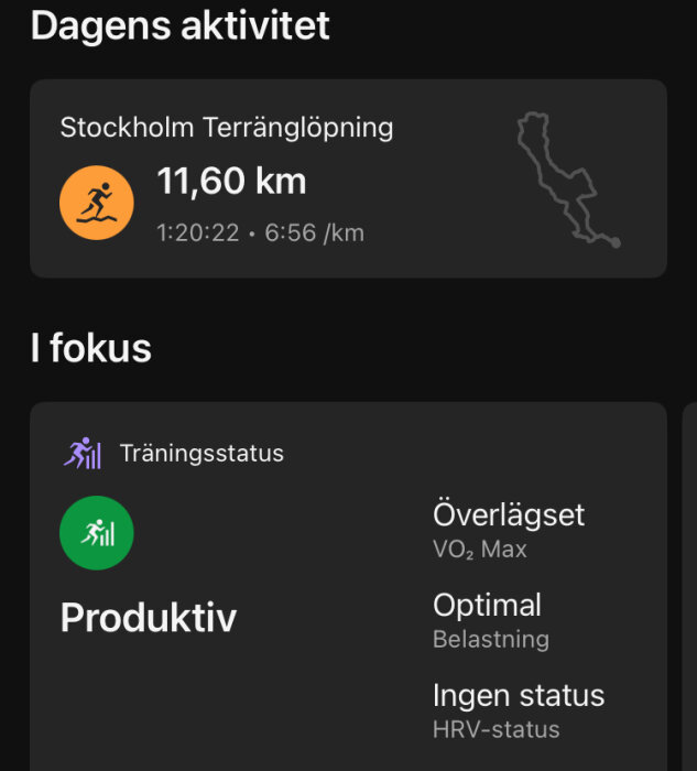 Dagens aktivitet: Stockholm terränglöpning 11,60 km, tid 1:20:22, tempo 6:56/km. I fokus: Träningsstatus produktiv, överlägset VO2 Max, optimal belastning.
