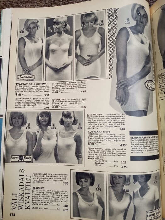 Vintage Wiskadalskatalog från 1965 med bilder på damer i olika linnen, text beskriver mönster och pris.