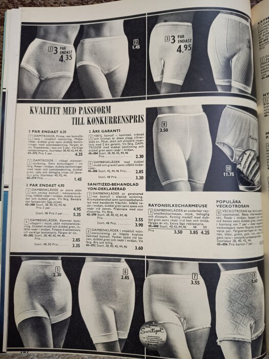 Annons från Wiskadalskatalogen 1965 som visar olika modeller av underkläder för kvinnor med priser och beskrivningar.