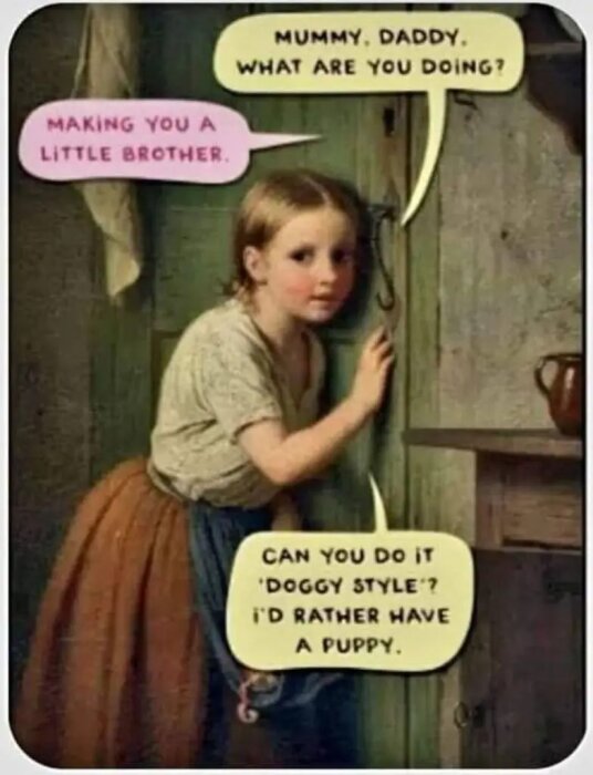 A young girl listens at a door, questioning her parents' actions with humorous speech bubbles about making a brother.