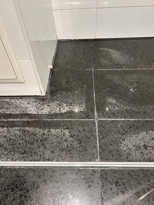 Svarta golvklinkers med vita missfärgningar och möjliga vattenproblem i fogar, nära väggen i ett badrum.