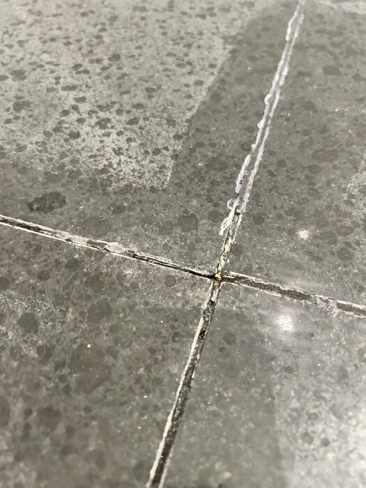 Missfärgade duschplattor med vattenfläckar och fogar där vatten verkar tränga upp, vilket kan indikera potentiella problem med fuktskador.