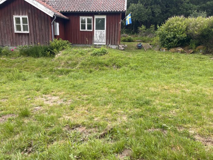 Rött trähus med tegeltak, omgiven av gräsmatta och trädgårdsväxter, svensk flagga på en stång, stenraden i bakgrunden.