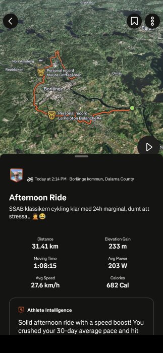 Cykelrutt över Borlänge med höjddata och personligt rekord på Le Peloton Bolanche. Statistik: 31,41 km, 27,6 km/h i snitt, 233 m klättring.