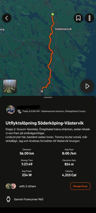 Karta över löprunda från Gusum till Gamleby via småvägar. Sträckan är 56 km, med en genomsnittlig hastighet på 8:00 min/km och höjdökning 814 m.