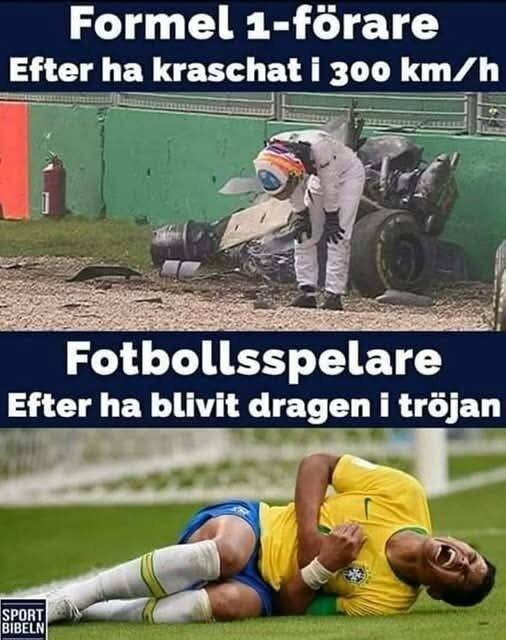 En Formel 1-förare bredvid en kraschad bil och en fotbollsspelare som låtsas vara skadad på planen, med texten om deras reaktioner.
