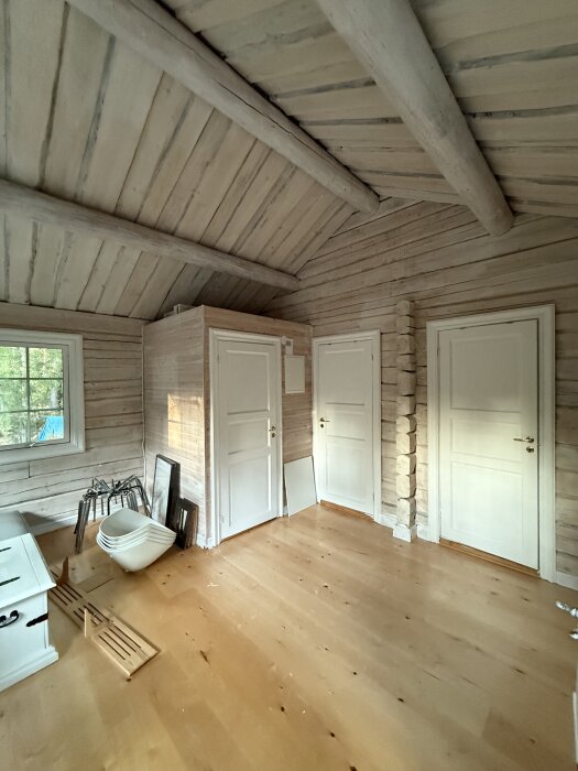 Interiörbild av ett gästhus med träpanelväggar, tre vita dörrar, en träbänk, stolar, och ett fönster. Rummet har ett sluttande tak med synliga balkar.