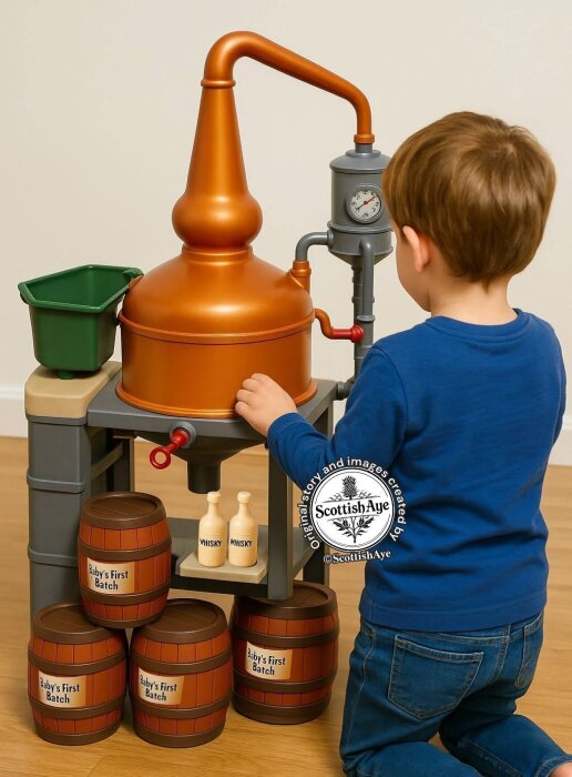 Barn leker med destilleringsleksak från Playmobil, med tunnor och flaskor märkta "Whisky".