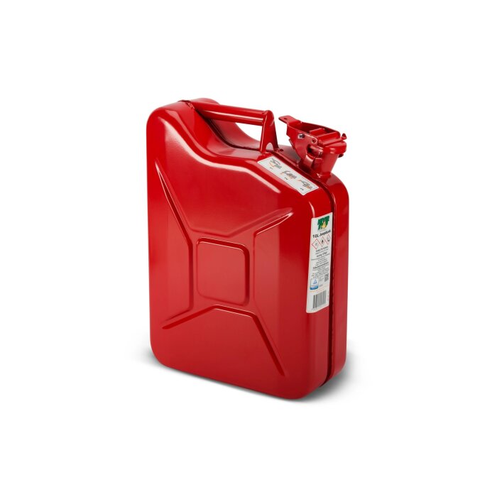 Röd bensindunk av metall med handtag och säkerhetslock, etikett med information på sidan.