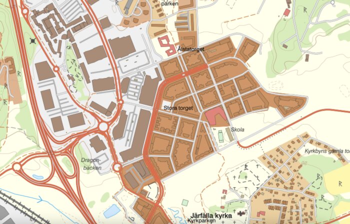 Karta över Barkarbystaden med kvarter, torg och motorvägar.