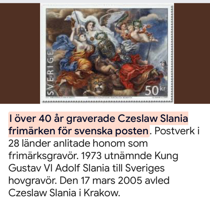 Frimärke gravera av Czeslaw Slania, visar änglar och lejon, nominellt värde 50 kronor, från svenska posten.