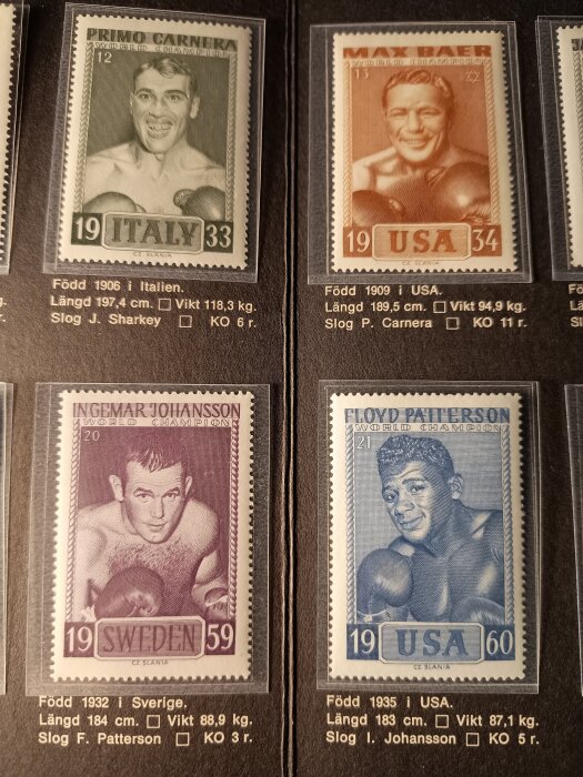 Fyra frimärken med porträtt av boxare: Primo Carnera, Max Baer, Ingemar Johansson och Floyd Patterson. Alla skapade av mästergravören Czesław Słania.