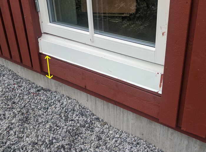 Röd träpanel, grund av betong, gult märke indikerar nivåskillnad på 18 cm under fönster till mark, grus syns vid marken.