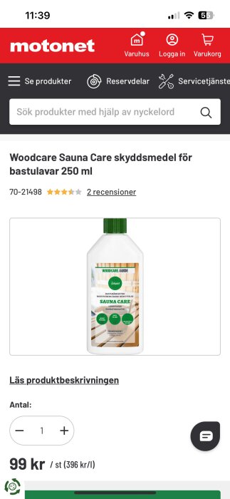 Flaska med Woodcare Sauna Care skyddsmedel för bastulavar, 250 ml, visas på motonets webbplats.