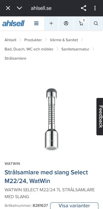 Strålsamlare med slang från WatWin, modell Select M22/24, visas på en produktbild från Ahlsells webbsida.