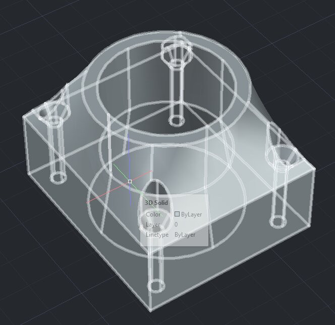 3D-modell av en anpassad utskriven adapter för att koppla en dammsugare till en pocket hole jig, designad för borrning och gängning.