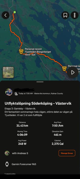 Karta över en löprunda från Gamleby till Västervik, totalt 31,43 km. Tiden var 4:06:09, med en medelhastighet på 7:50/km och totalt 461 m stigning.