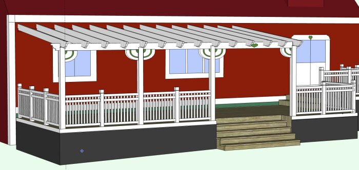 Ritning av pergola och räcke vid ett rött hus, med fokus på dimensioner av balkar och stolpar samt överläggningar.