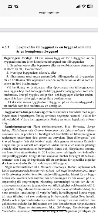Utdrag från regeringen.se om krav för bygglov på tillbyggnader som inte är komplementbyggnader, med specifika kvadratmeterangivelser.