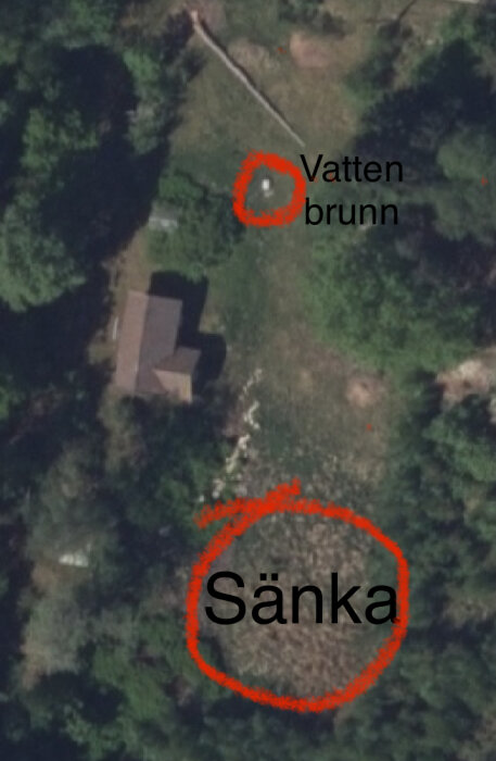 Satellitbild visar ett hus omgivet av grönska med markerad vattenbrunn och sänka i närheten.