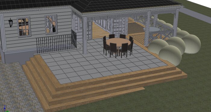 3D-skiss av altan med grått klinkergolv, trästeg, cirkulärt bord med stolar, omgiven av buskar och husvägg med fönster och lampa.