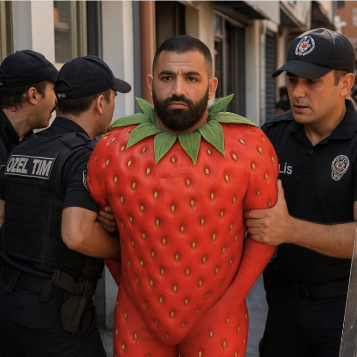 En man i en jordgubbsdräkt blir eskorterad av två poliser på en stadsgata.