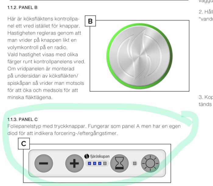 Panel C med folietryckknappar, fjärrfläktsymboler, tre blå dioder och ett timglas för att indikera timerfunktion i köksfläktens kontrollpanel.