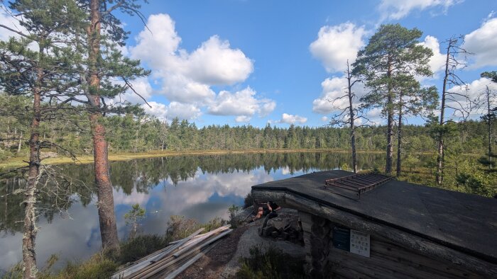 Sjön omgiven av träd och blå himmel, med en träbyggnad i förgrunden och virkesplankor vid sidan.