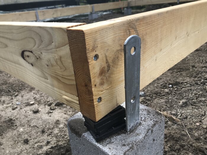 Träbärlist monterad med stolpsko på betongplint, med pallningsbrickor under, för konstruktion av en friggebod.