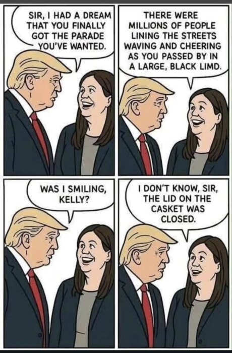 En tecknad serie där två personer samtalar om en dröm om en parad. Personen frågar om han log och får svaret att kistans lock var stängt.