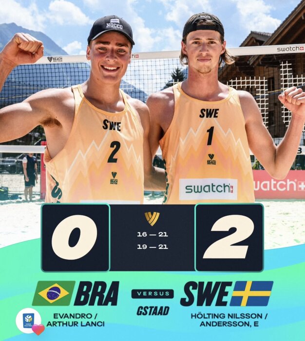 Två svenska beachvolleyspelare firar seger mot Brasilien i Gstaad. Spelarna står framför nätet med armarna uppsträckta. Poäng 2-0 till Sverige.
